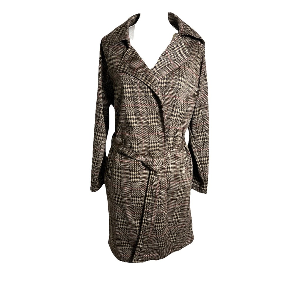 Papillon Love Tree NWT Lightweight Brown Plaid‎ Wrap Trench Coat Womens Size L